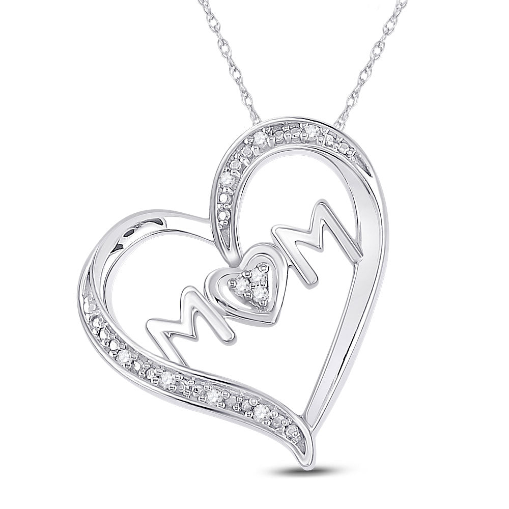 Sterling Silver Womens Round Diamond Mom Heart Pendant 1/20 Cttw, Width: 0.61 In