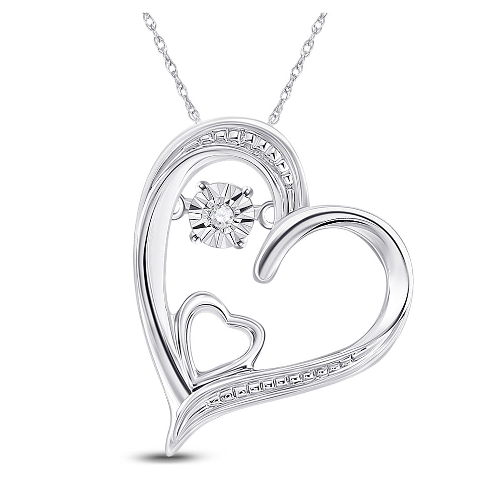 Sterling Silver Womens Round Diamond Double Heart Moving Twinkle Pendant .01 Cttw, Width: 0.56 In