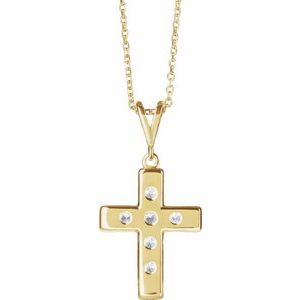 14K Yellow Gold Round 2.8Mm G-H I1 Natural Diamond French-Set Cross Necklace, Length: 18 In