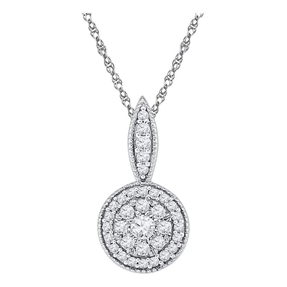 10K White Gold Womens Round Diamond Circle Frame Flower Cluster Pendant 1/3 Cttw, Width: 0.36 In