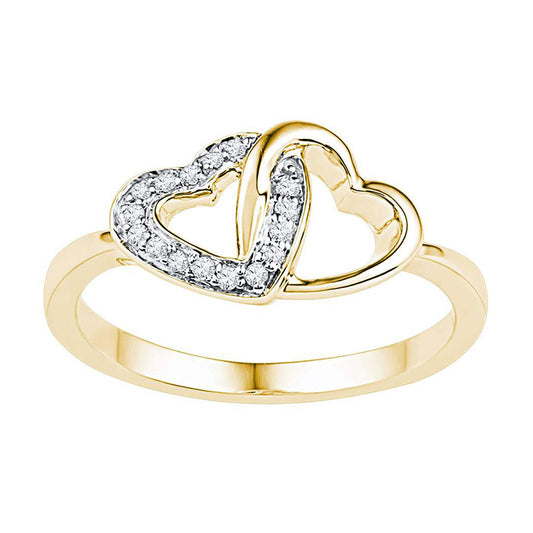 10K Yellow Gold Womens Round Diamond Double Locked Heart Ring 1/12 Cttw, Womens Size: 5-10