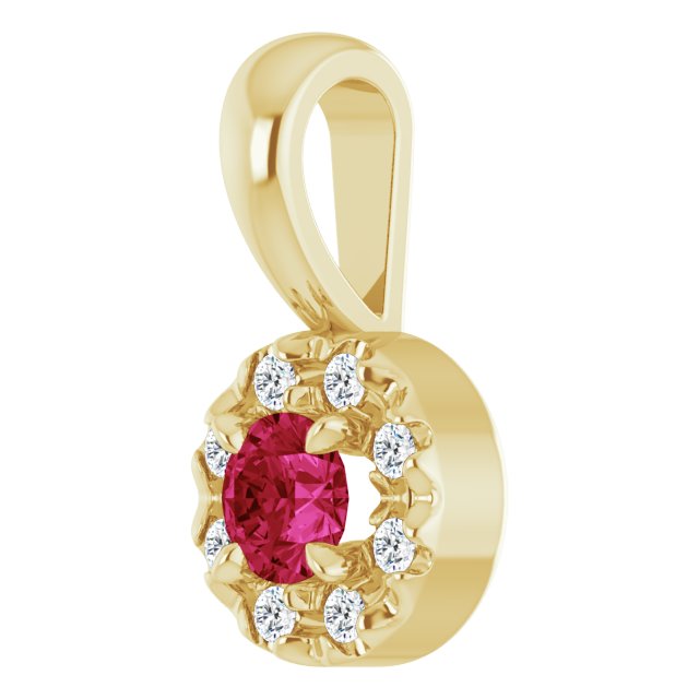 14K Yellow Or White Gold Round 3Mm I1, G-H Polished Natural Ruby And .03 Ctw Natural Diamond French-Set Halo-Style Pendant