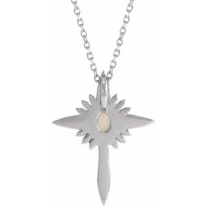 Sterling Silver Oval 4 X 3Mm G-H I1 Natural White Opal And .06 Ctw Natural Diamond Nativity Cross Necklace, Length: 18 In