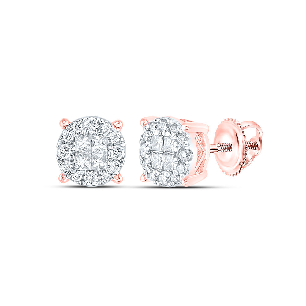 14K Rose Gold Womens Princess Round Diamond Fashion Cluster Earrings 1/2 Cttw, Length: 0.35 In, Width: 0.35 In