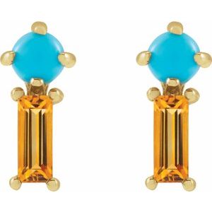 14K Yellow Gold Round 3 Mm Natural Turquoise And Natural Citrine 2-Stone Earrings