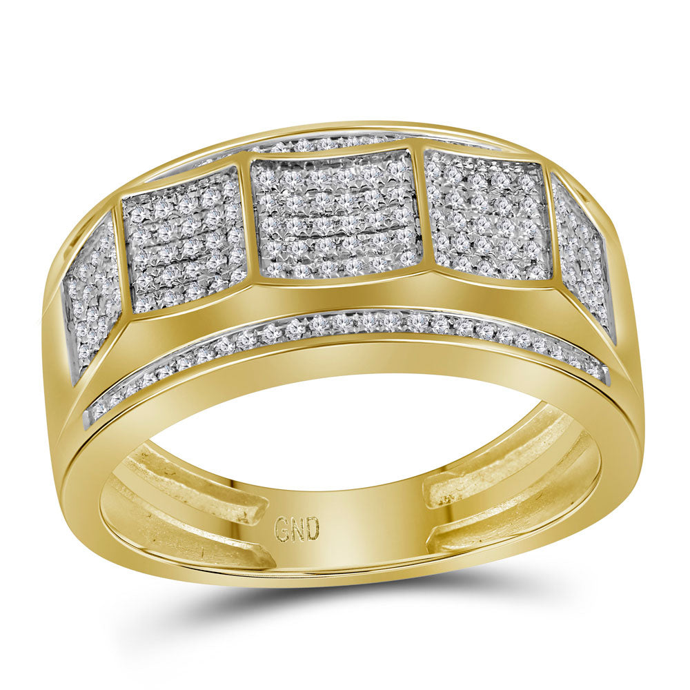 10K Yellow Gold Mens Round Pave-set Diamond Faceted Cluster Band Ring 1/3 Cttw, Mens Size: 7-13