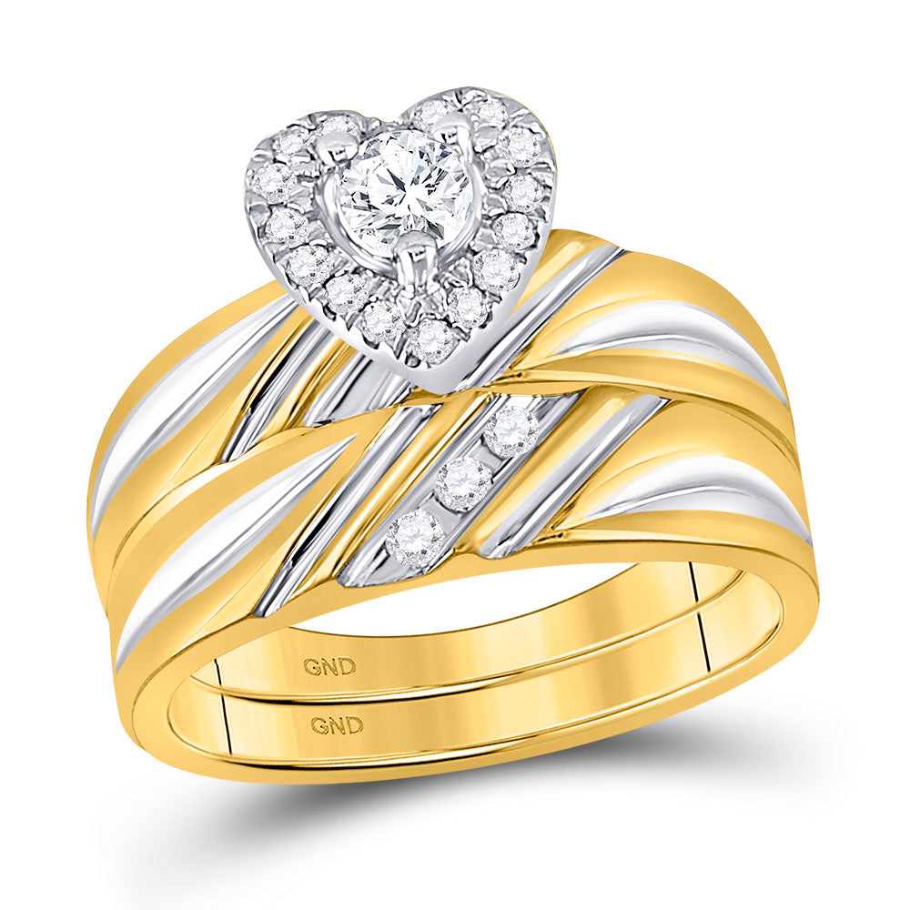 10K Yellow Gold His Hers Round Diamond Heart Matching Wedding Set 3/8 Cttw, Womens Size: 5-10, Mens Size: 7-13