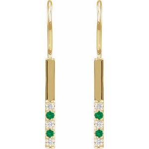 14K Yellow Gold Round 1.5 Mm Natural Emerald And .08 Ctw Natural Diamond Bar Earrings