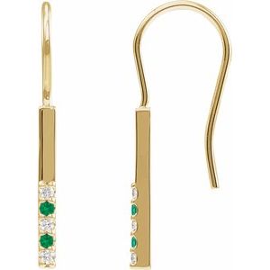 14K Yellow Gold Round 1.5 Mm Natural Emerald And .08 Ctw Natural Diamond Bar Earrings