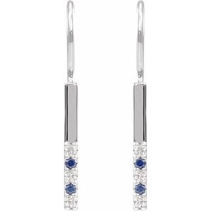 14K White Gold Round 1.5 Mm Natural Blue Sapphire And .08 Ctw Natural Diamond Bar Earrings