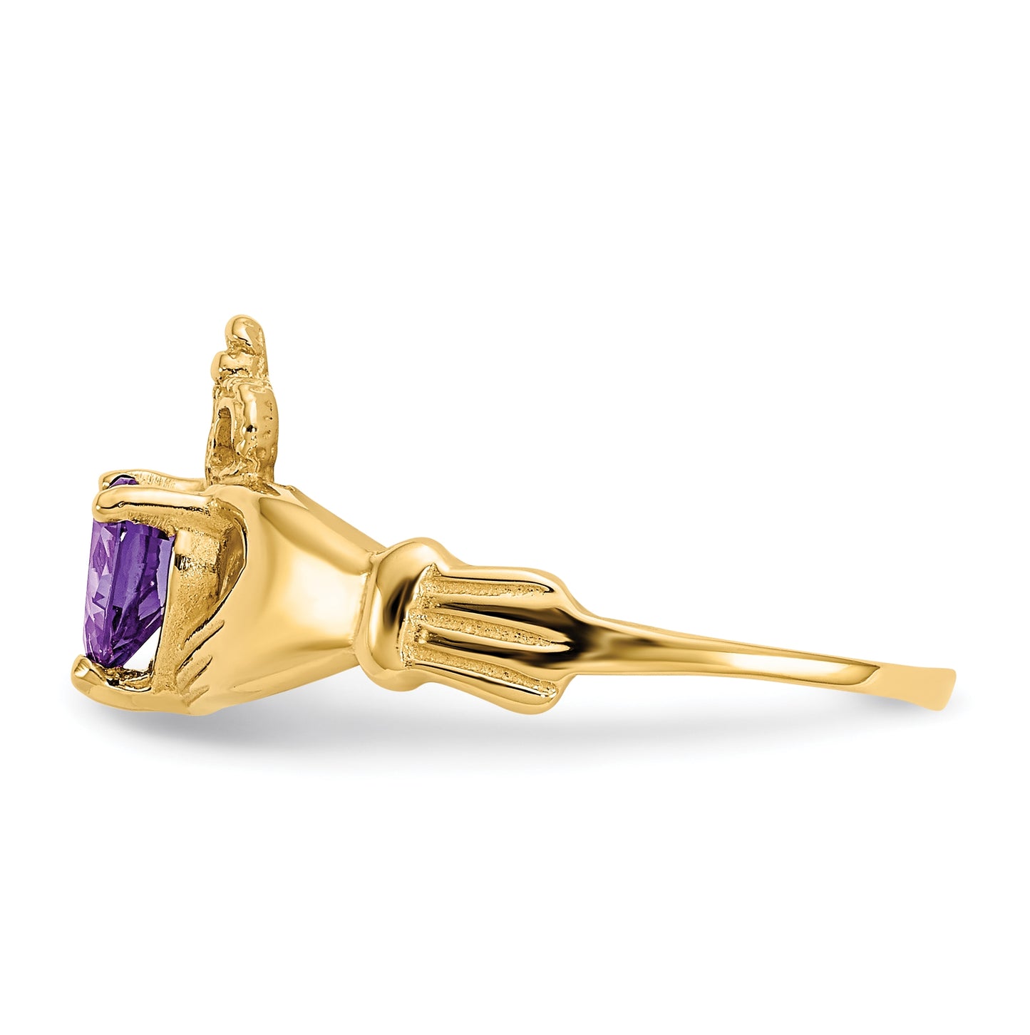 10K Yellow Gold Cubic Zirconia February Birthstone Claddagh Heart Ring