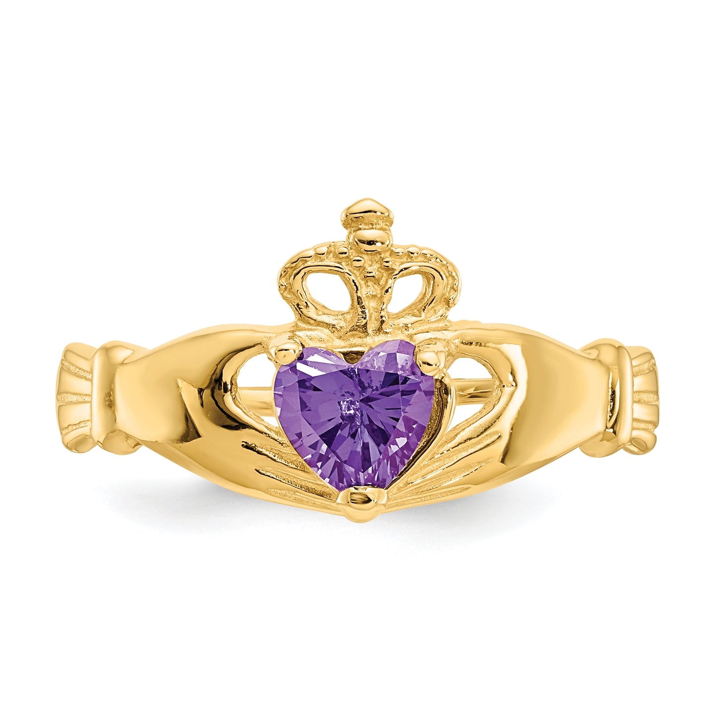 10K Yellow Gold Cubic Zirconia February Birthstone Claddagh Heart Ring