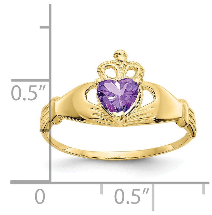 10K Yellow Gold Cubic Zirconia February Birthstone Claddagh Heart Ring