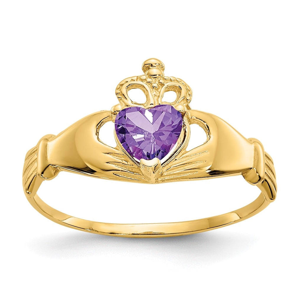 10K Yellow Gold Cubic Zirconia February Birthstone Claddagh Heart Ring