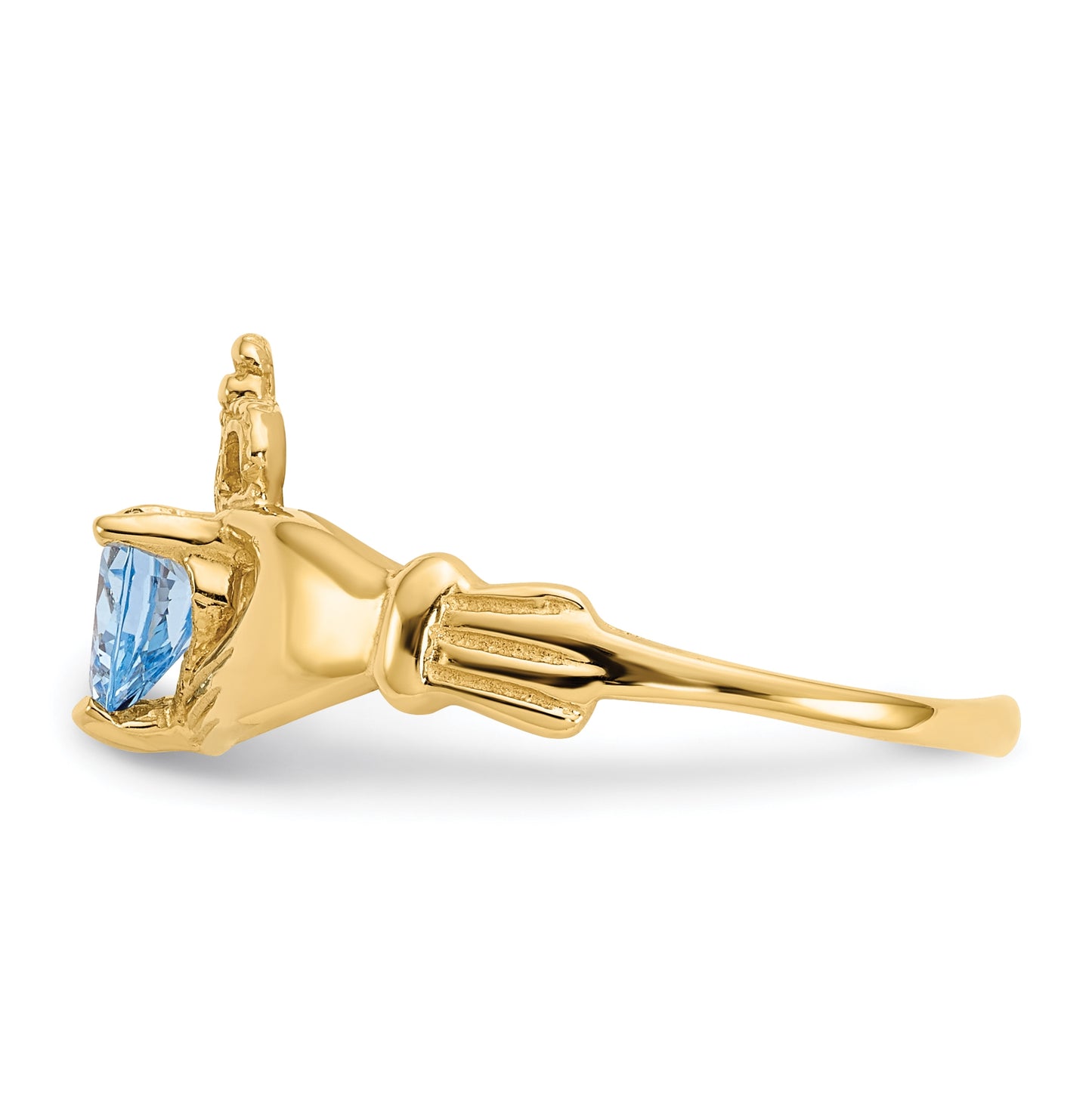 10K Yellow Gold Cubic Zirconia March Birthstone Claddagh Heart Ring
