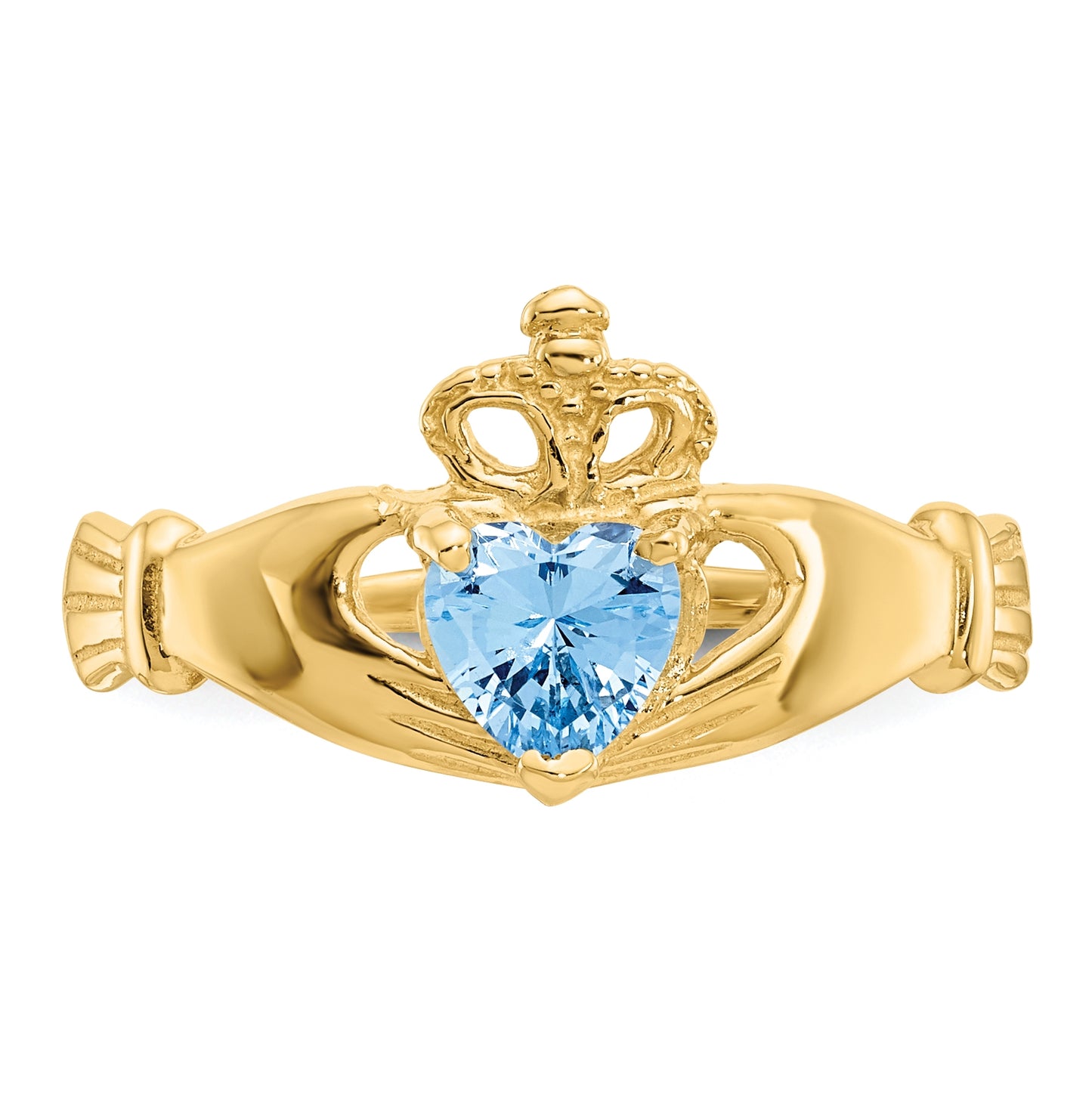 10K Yellow Gold Cubic Zirconia March Birthstone Claddagh Heart Ring