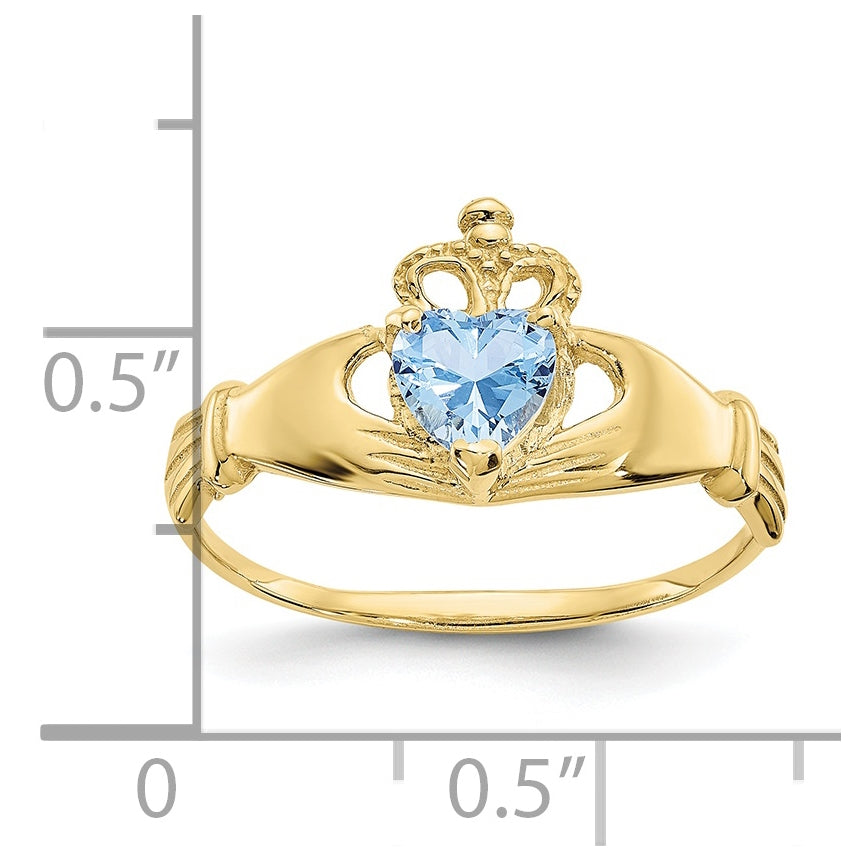 10K Yellow Gold Cubic Zirconia March Birthstone Claddagh Heart Ring