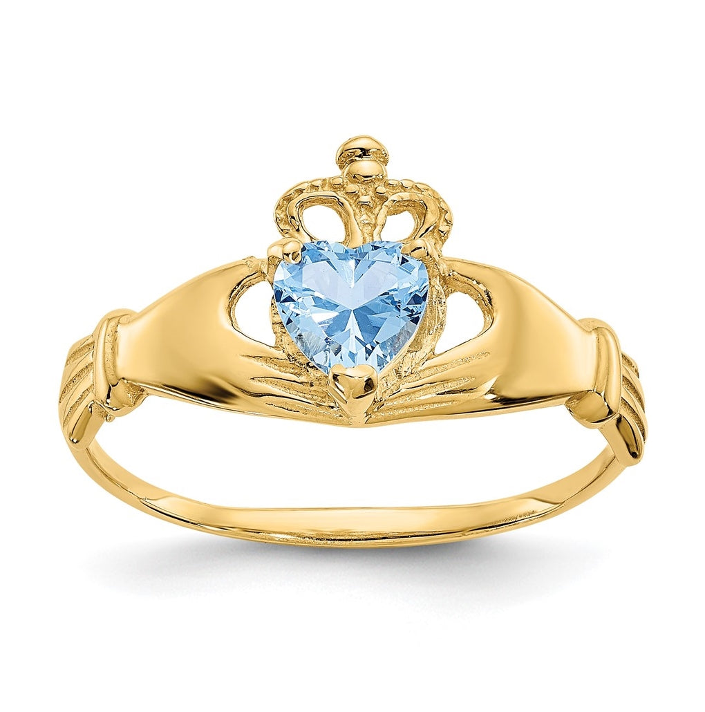 10K Yellow Gold Cubic Zirconia March Birthstone Claddagh Heart Ring