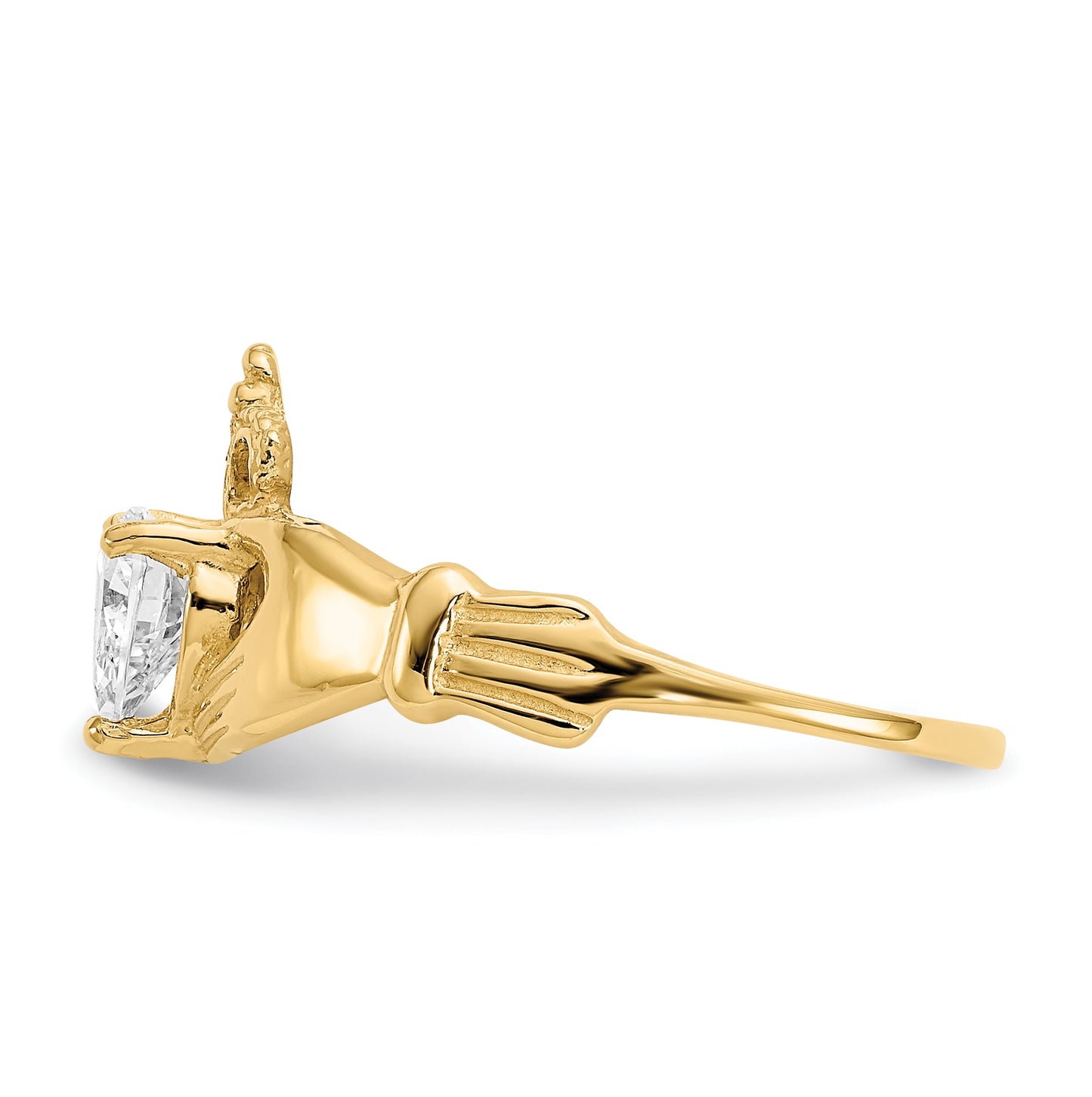 10K Yellow Gold Cubic Zirconia April Birthstone Claddagh Heart Ring