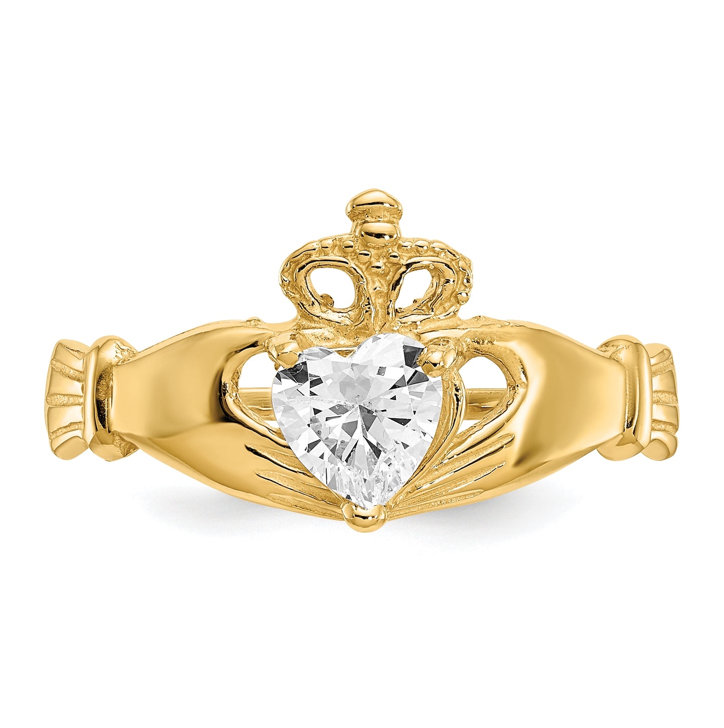10K Yellow Gold Cubic Zirconia April Birthstone Claddagh Heart Ring