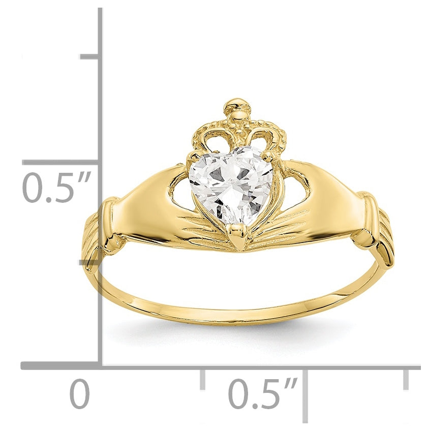 10K Yellow Gold Cubic Zirconia April Birthstone Claddagh Heart Ring