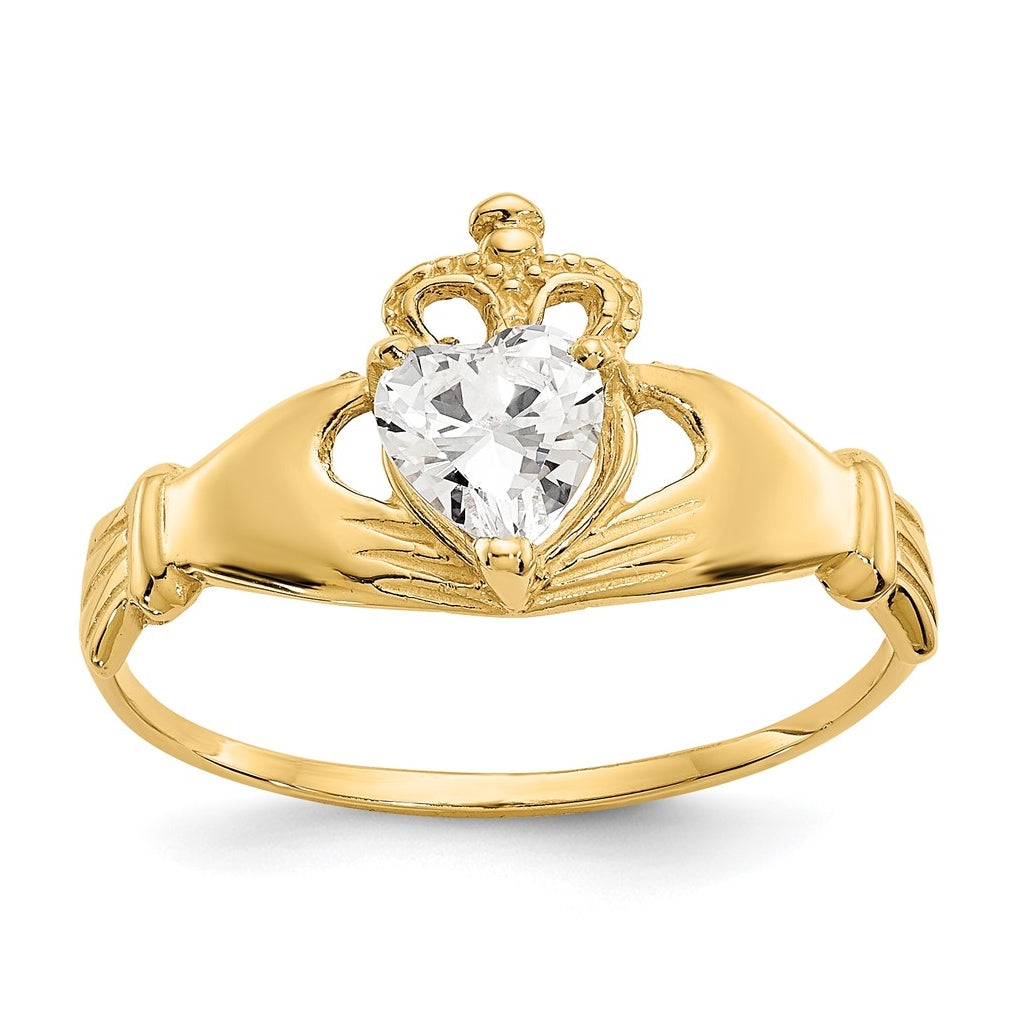 10K Yellow Gold Cubic Zirconia April Birthstone Claddagh Heart Ring
