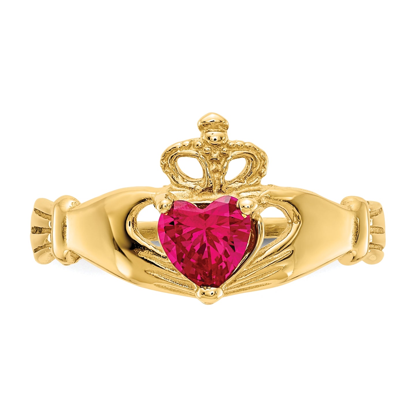 10K Yellow Gold Cubic Zirconia July Birthstone Claddagh Heart Ring