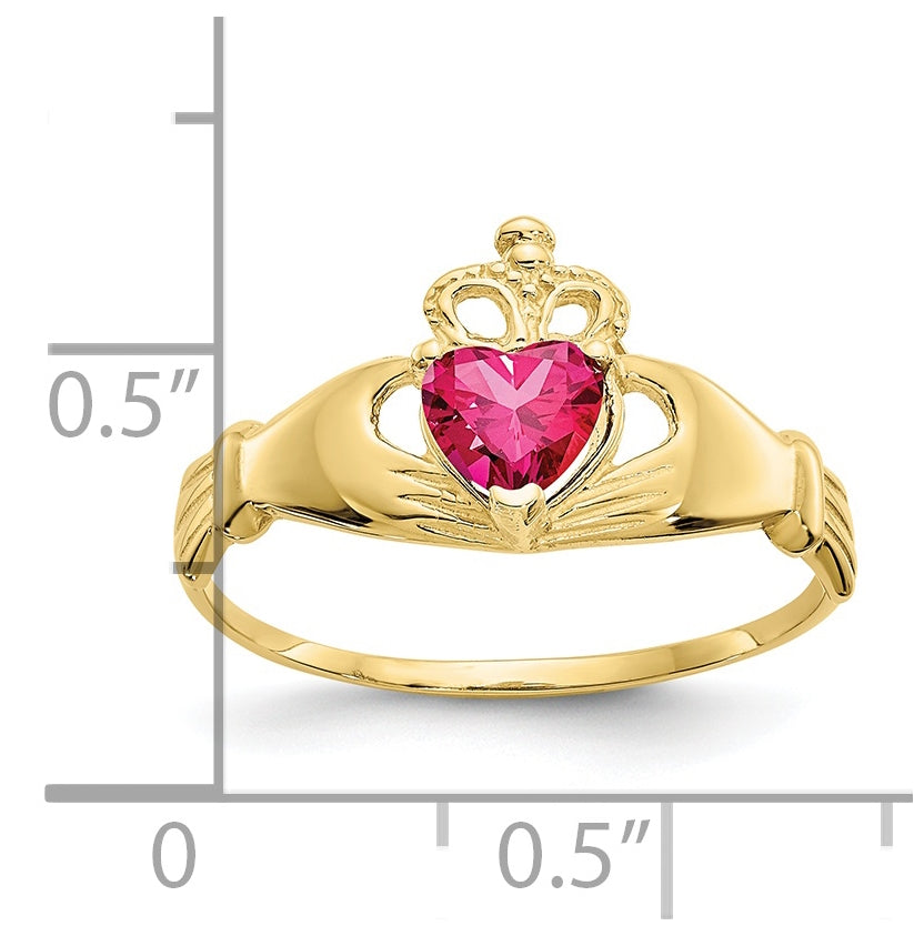 10K Yellow Gold Cubic Zirconia July Birthstone Claddagh Heart Ring