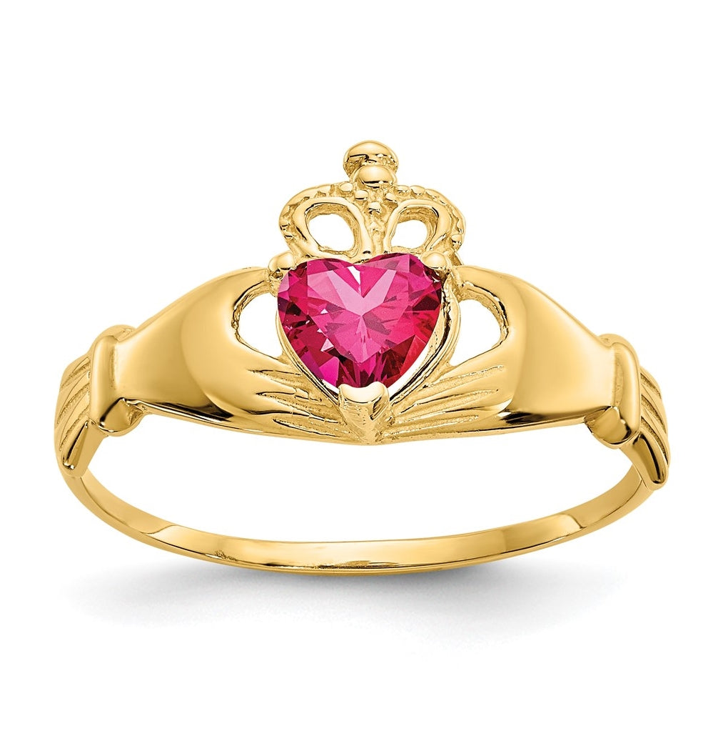 10K Yellow Gold Cubic Zirconia July Birthstone Claddagh Heart Ring