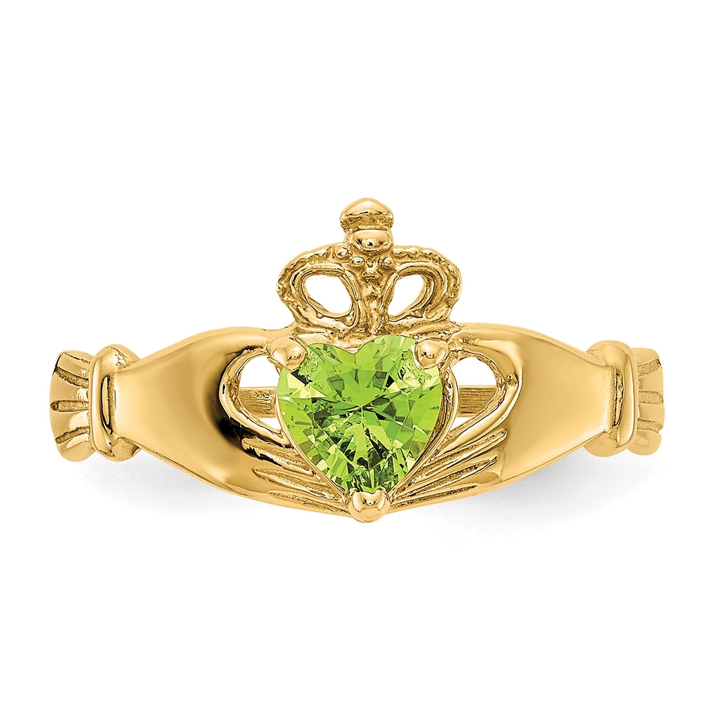 10K Yellow Gold Cubic Zirconia August Birthstone Claddagh Heart Ring