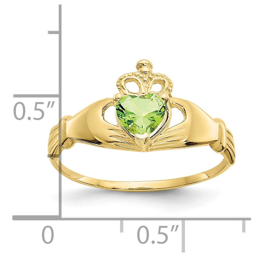 10K Yellow Gold Cubic Zirconia August Birthstone Claddagh Heart Ring