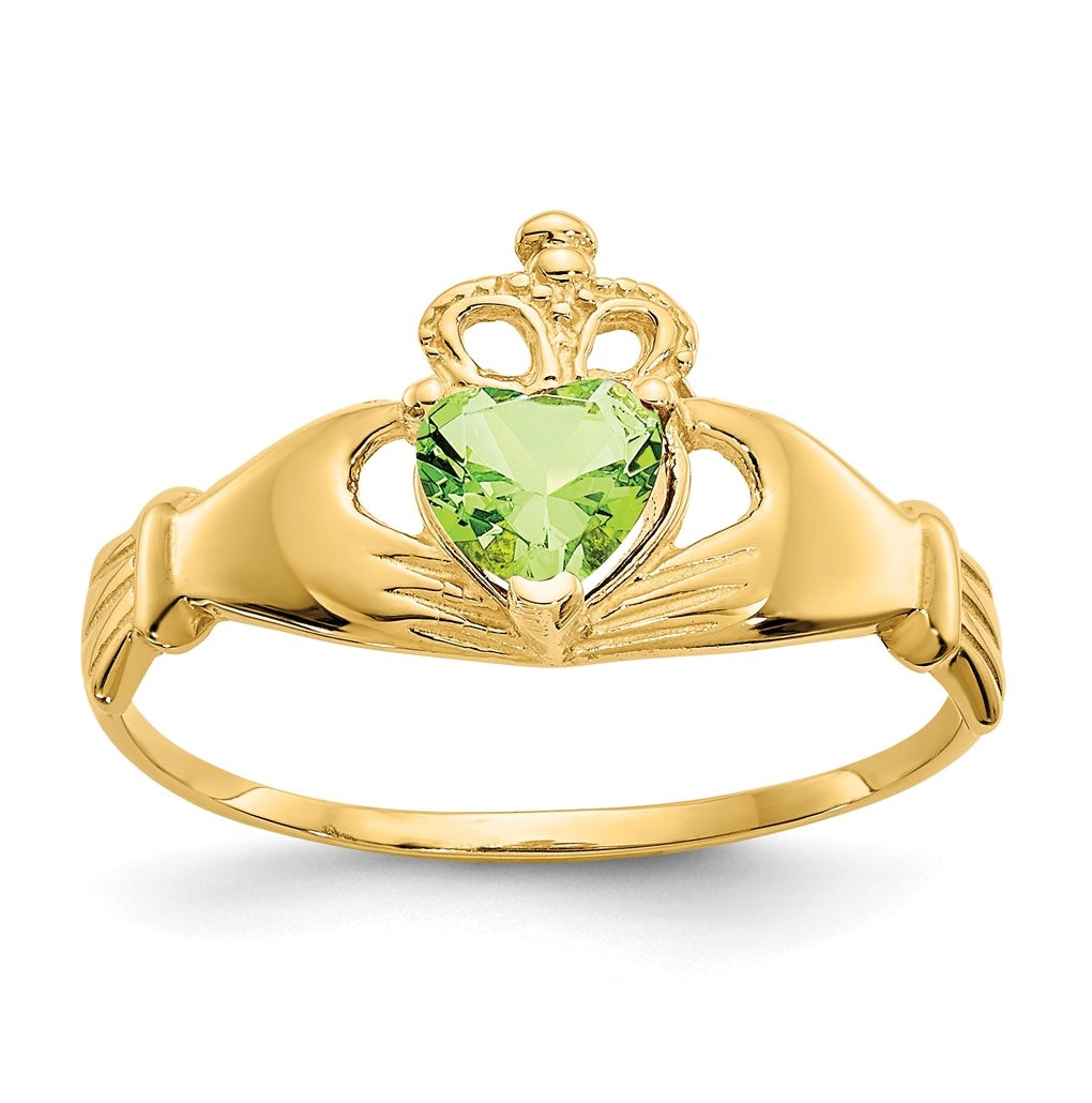 10K Yellow Gold Cubic Zirconia August Birthstone Claddagh Heart Ring