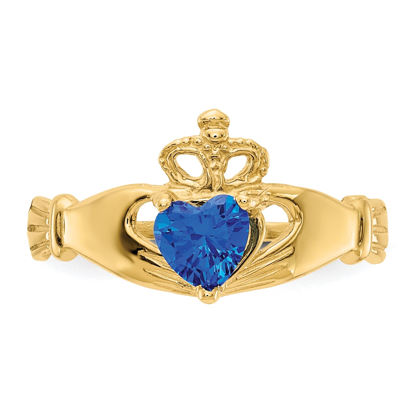 10K Yellow Gold Cubic Zirconia September Birthstone Claddagh Heart Ring