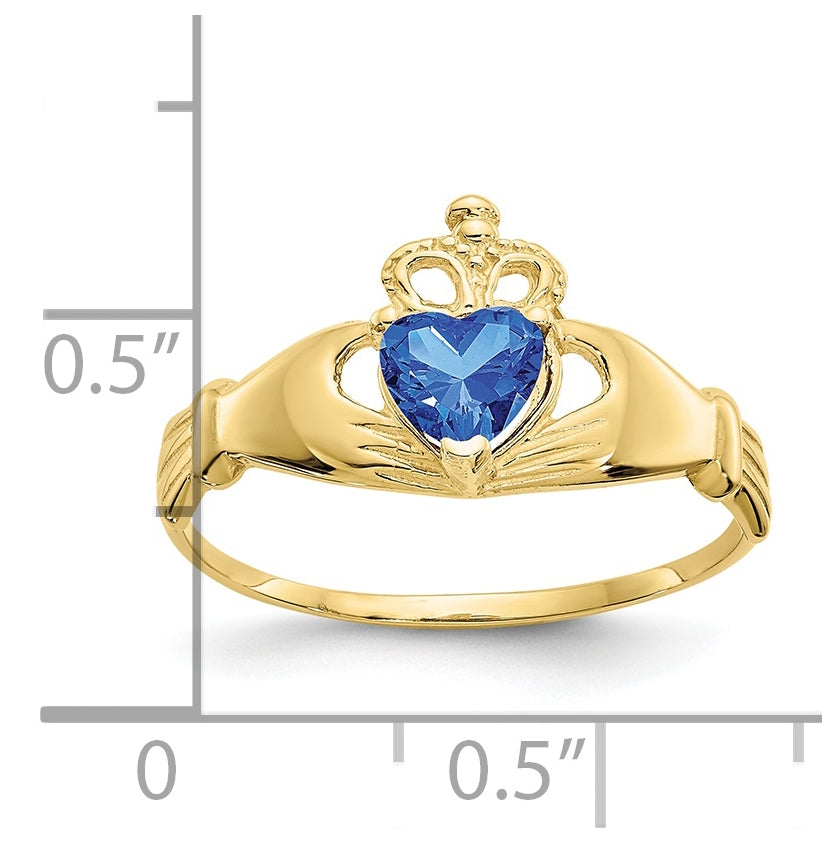 10K Yellow Gold Cubic Zirconia September Birthstone Claddagh Heart Ring