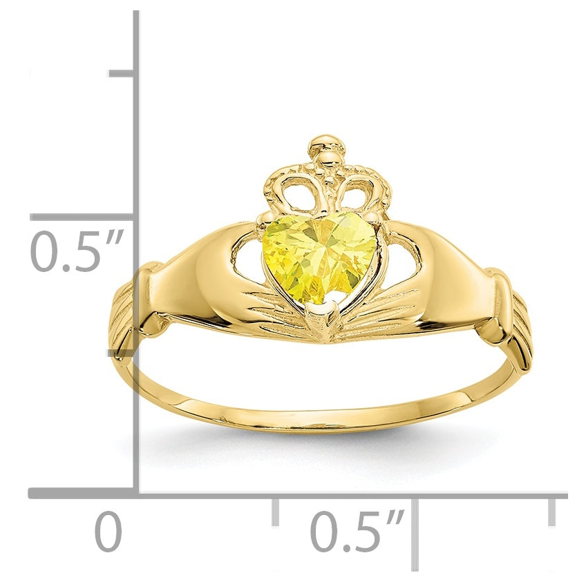10K Yellow Gold Cubic Zirconia November Birthstone Claddagh Heart Ring