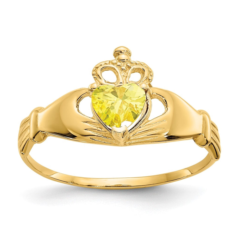 10K Yellow Gold Cubic Zirconia November Birthstone Claddagh Heart Ring