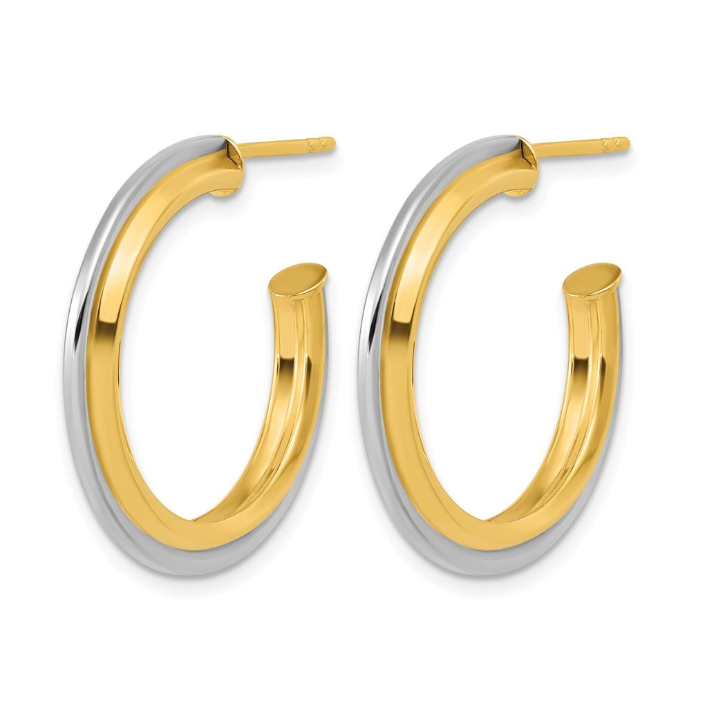 10K Yellow Gold w/Rhodium Polished and Grooved J-Hoop Post Earrings