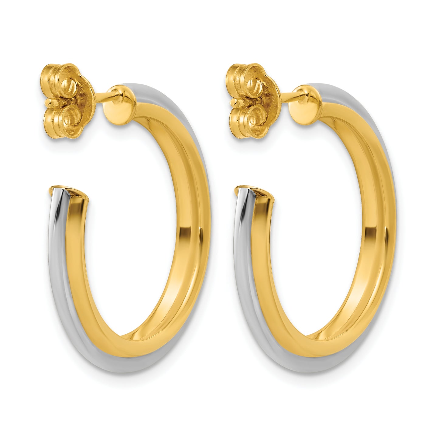 10K Yellow Gold w/Rhodium Polished and Grooved J-Hoop Post Earrings