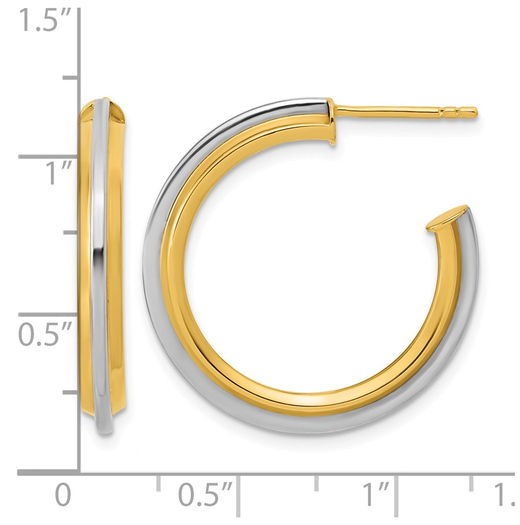 10K Yellow Gold w/Rhodium Polished and Grooved J-Hoop Post Earrings