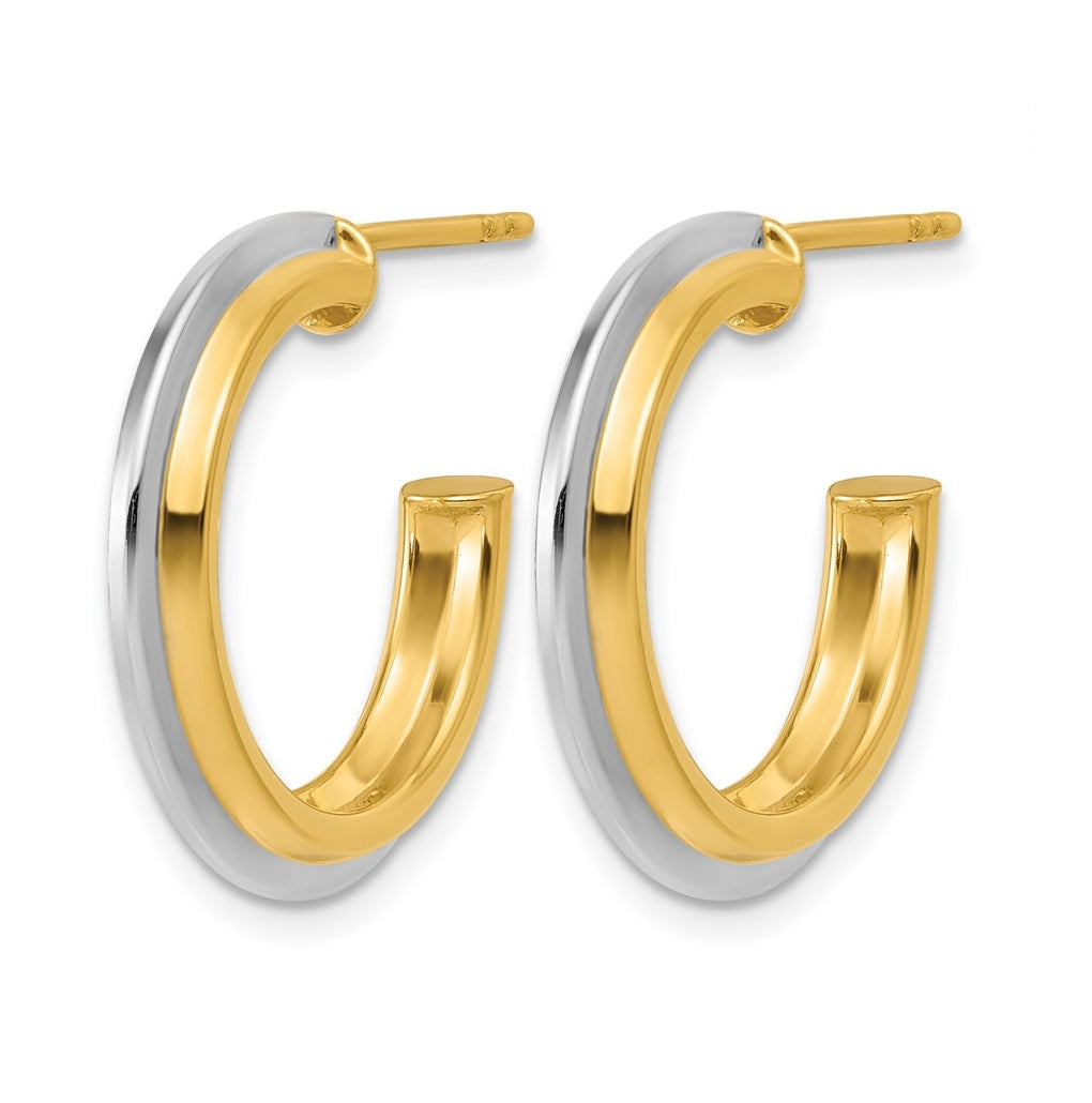 10K Yellow Gold w/Rhodium Polished and Grooved J-Hoop Post Earrings