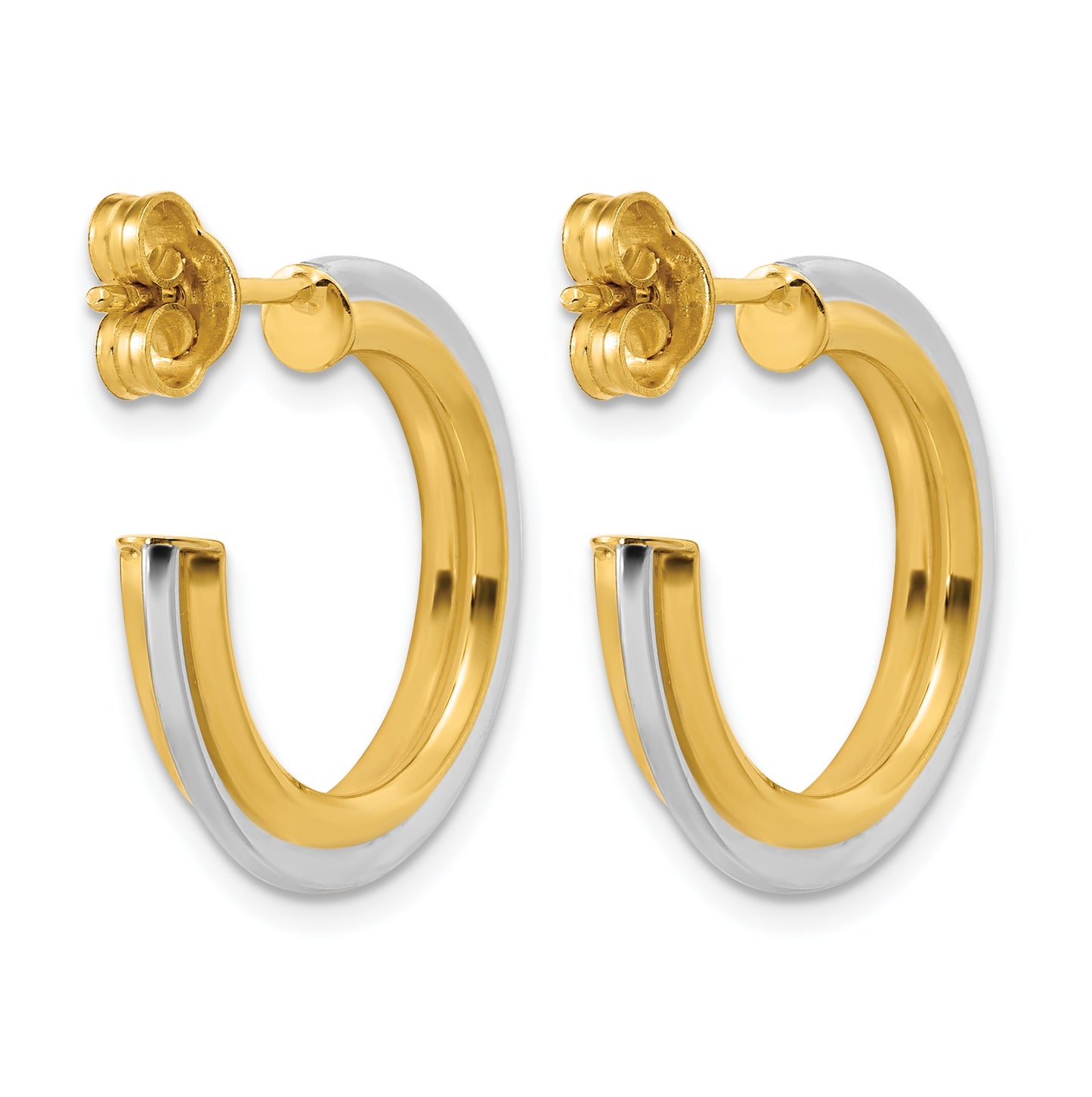 10K Yellow Gold w/Rhodium Polished and Grooved J-Hoop Post Earrings
