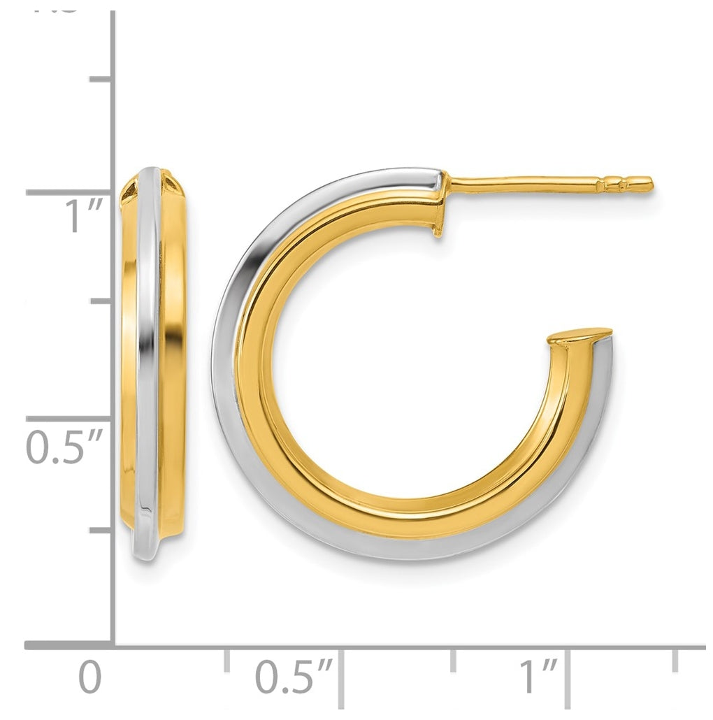 10K Yellow Gold w/Rhodium Polished and Grooved J-Hoop Post Earrings