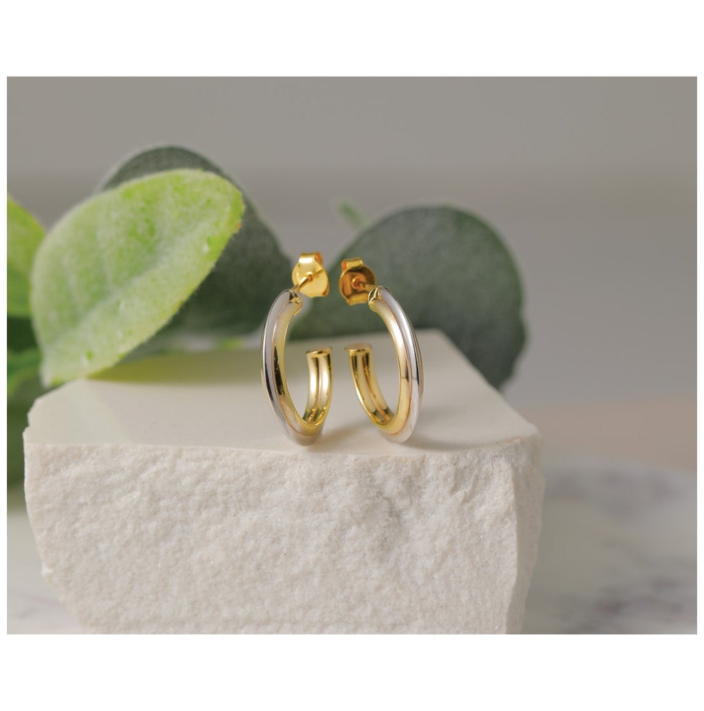 10K Yellow Gold w/Rhodium Polished and Grooved J-Hoop Post Earrings
