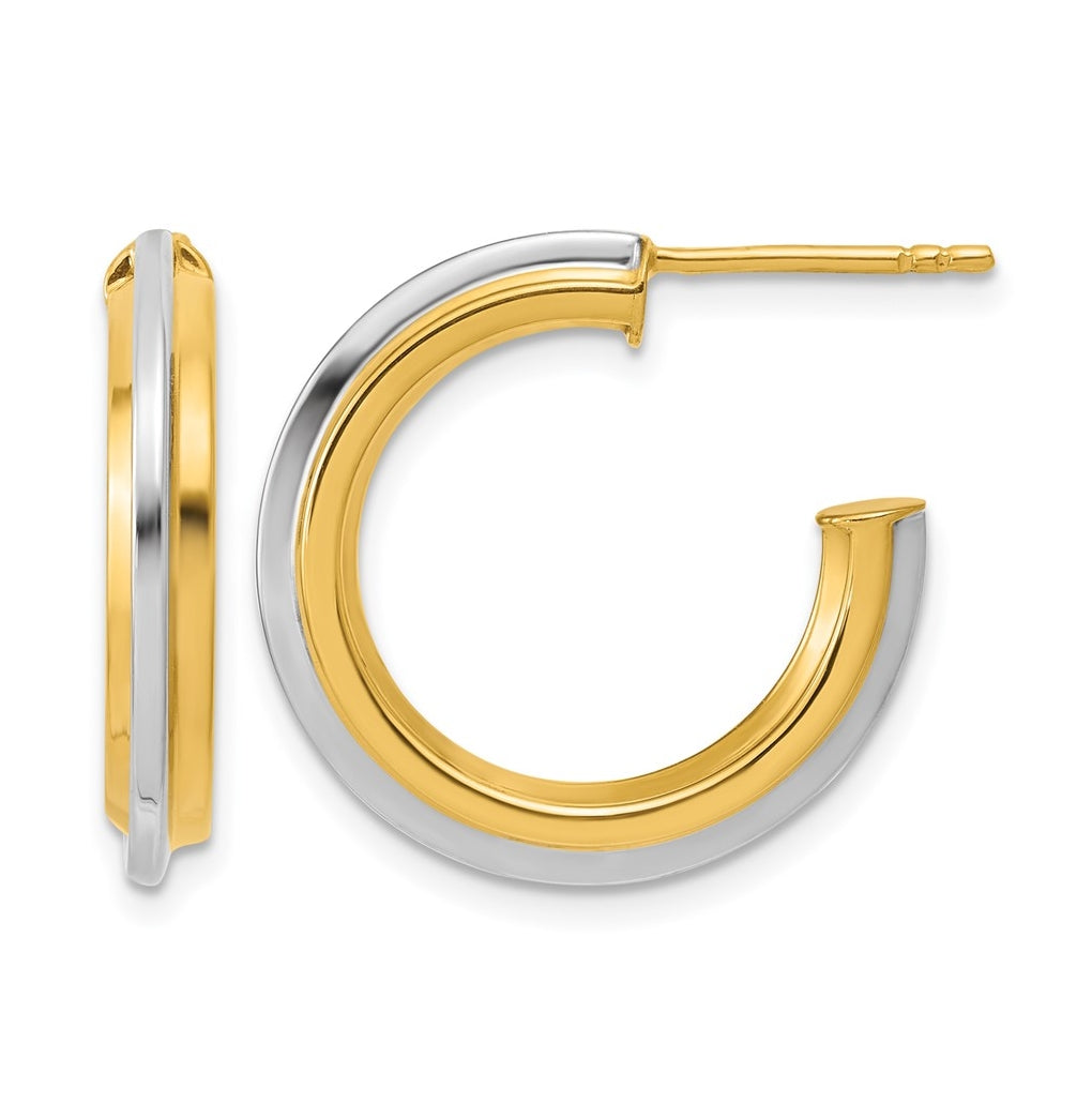 10K Yellow Gold w/Rhodium Polished and Grooved J-Hoop Post Earrings