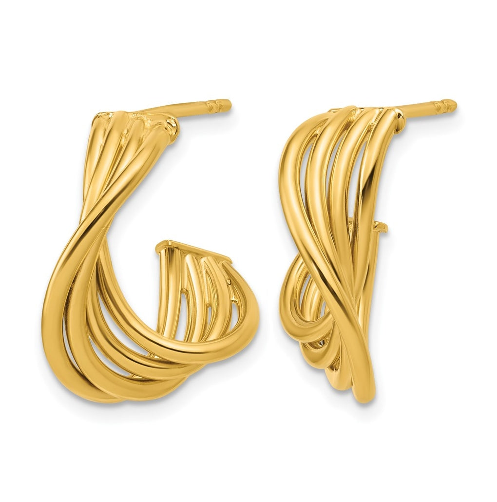 10K Yellow Gold Or Rhodium Plated Polished 3-Row Twist J-Hoop Post Earrings