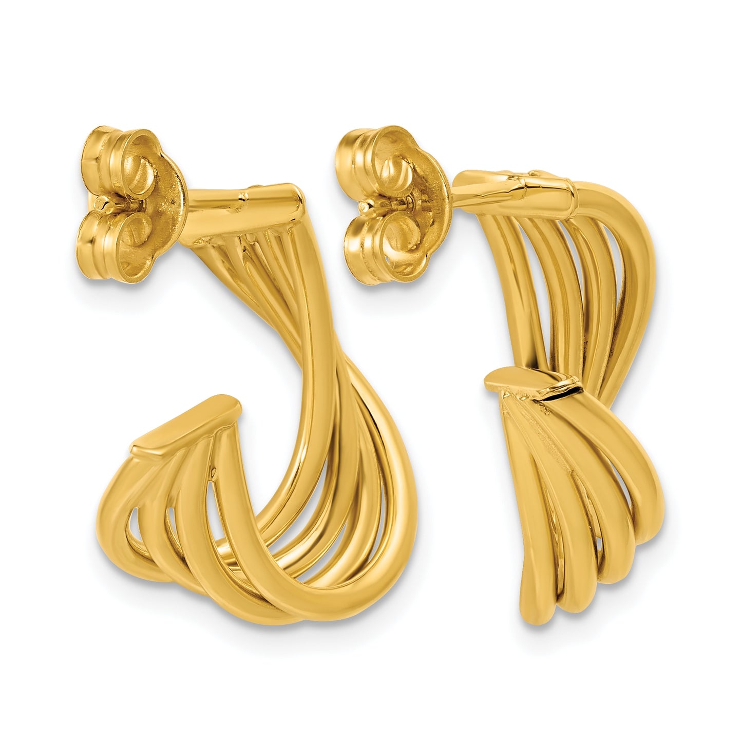 10K Yellow Gold Or Rhodium Plated Polished 3-Row Twist J-Hoop Post Earrings
