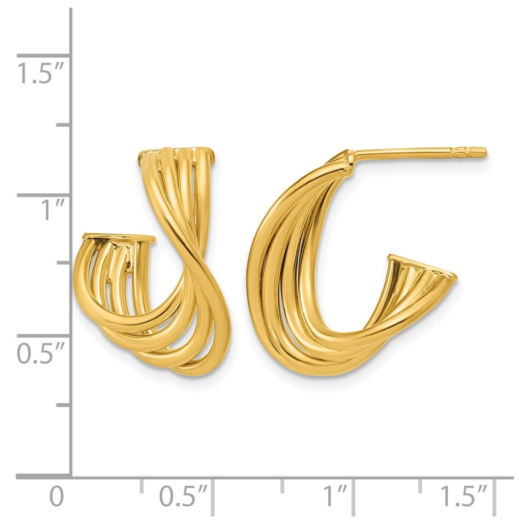 10K Yellow Gold Or Rhodium Plated Polished 3-Row Twist J-Hoop Post Earrings