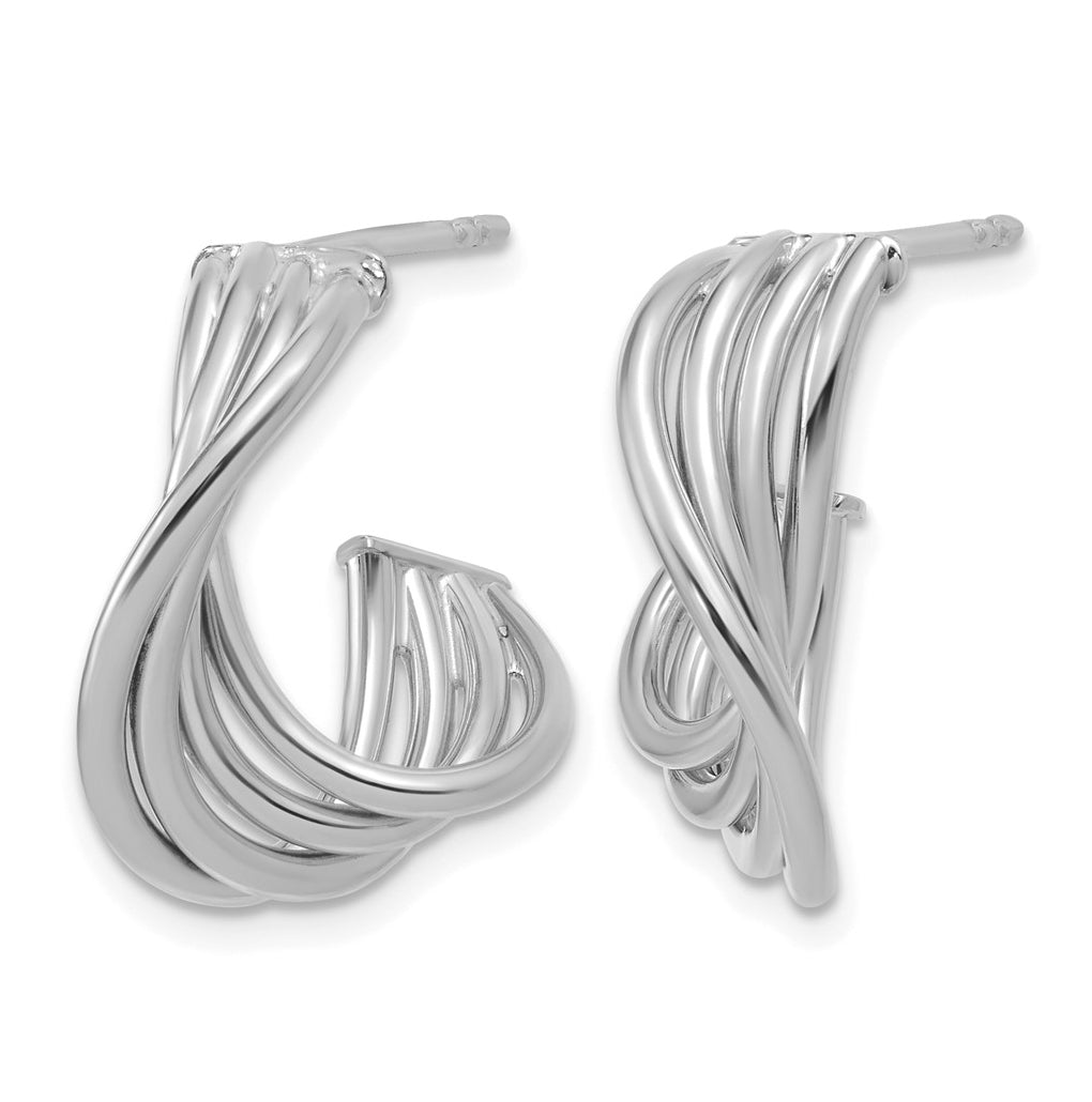 10K Yellow Gold Or Rhodium Plated Polished 3-Row Twist J-Hoop Post Earrings
