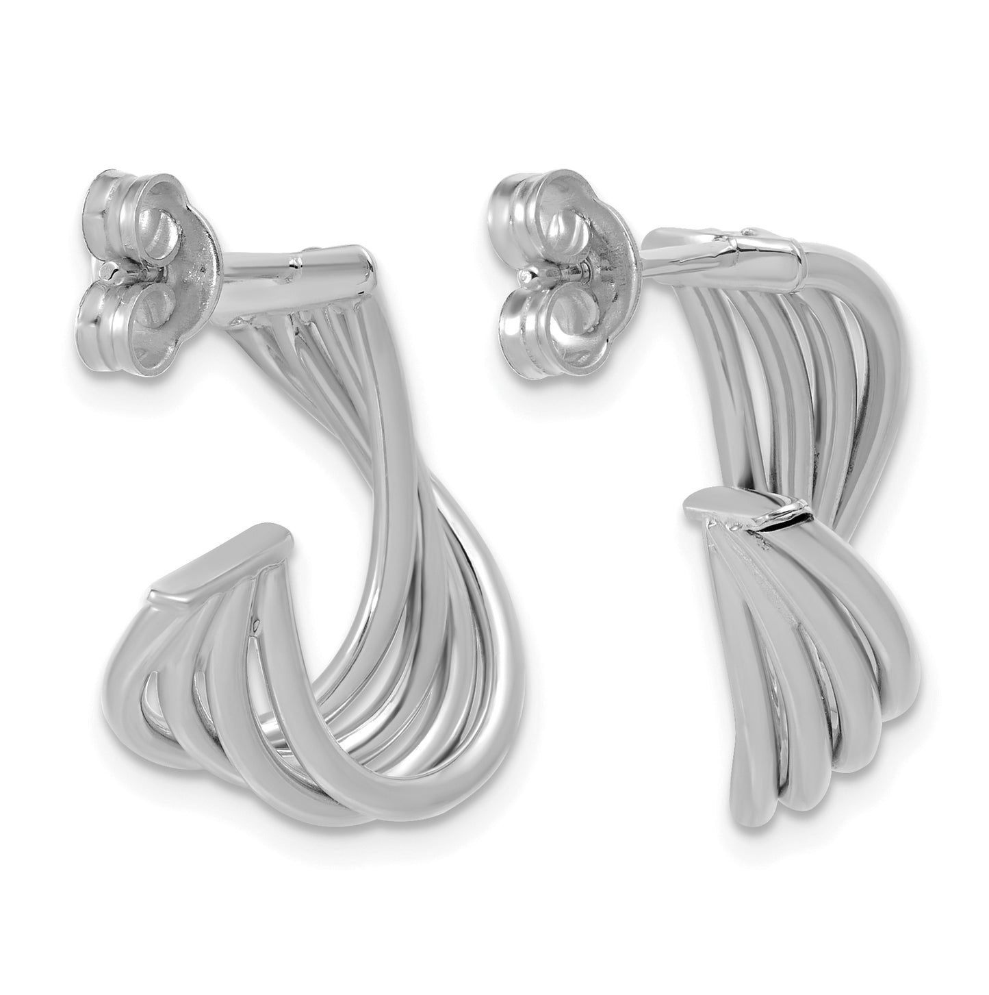 10K Yellow Gold Or Rhodium Plated Polished 3-Row Twist J-Hoop Post Earrings