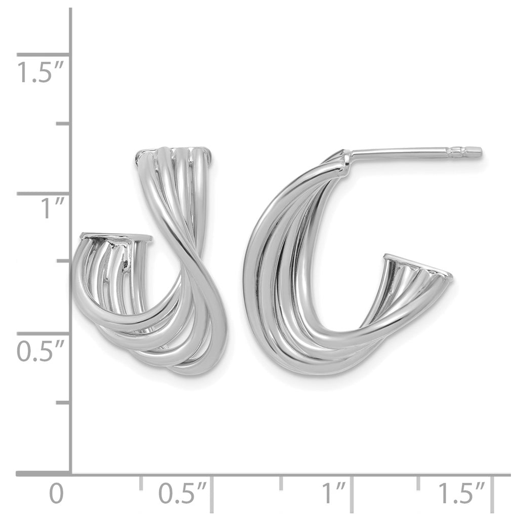 10K Yellow Gold Or Rhodium Plated Polished 3-Row Twist J-Hoop Post Earrings